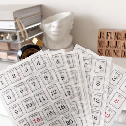 365 Days Date Stickers Set - Semi-Transparent Washi Planner Stickers | 12 Sheets