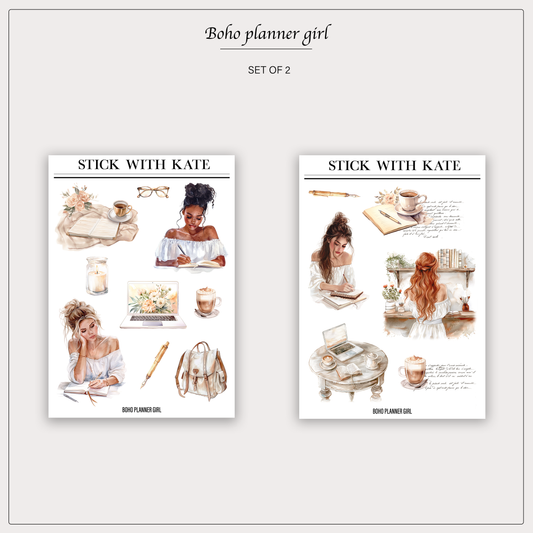 Boho Planner Girl Sticker Set | 2 Sheets