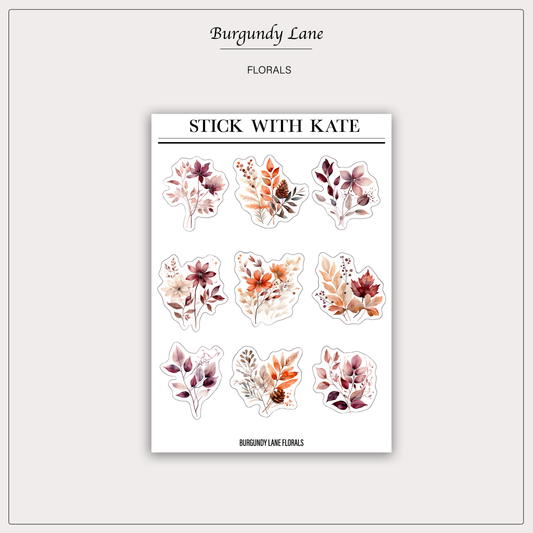 Burgundy Lane Florals Sticker Sheet - Elegant Autumn Botanicals