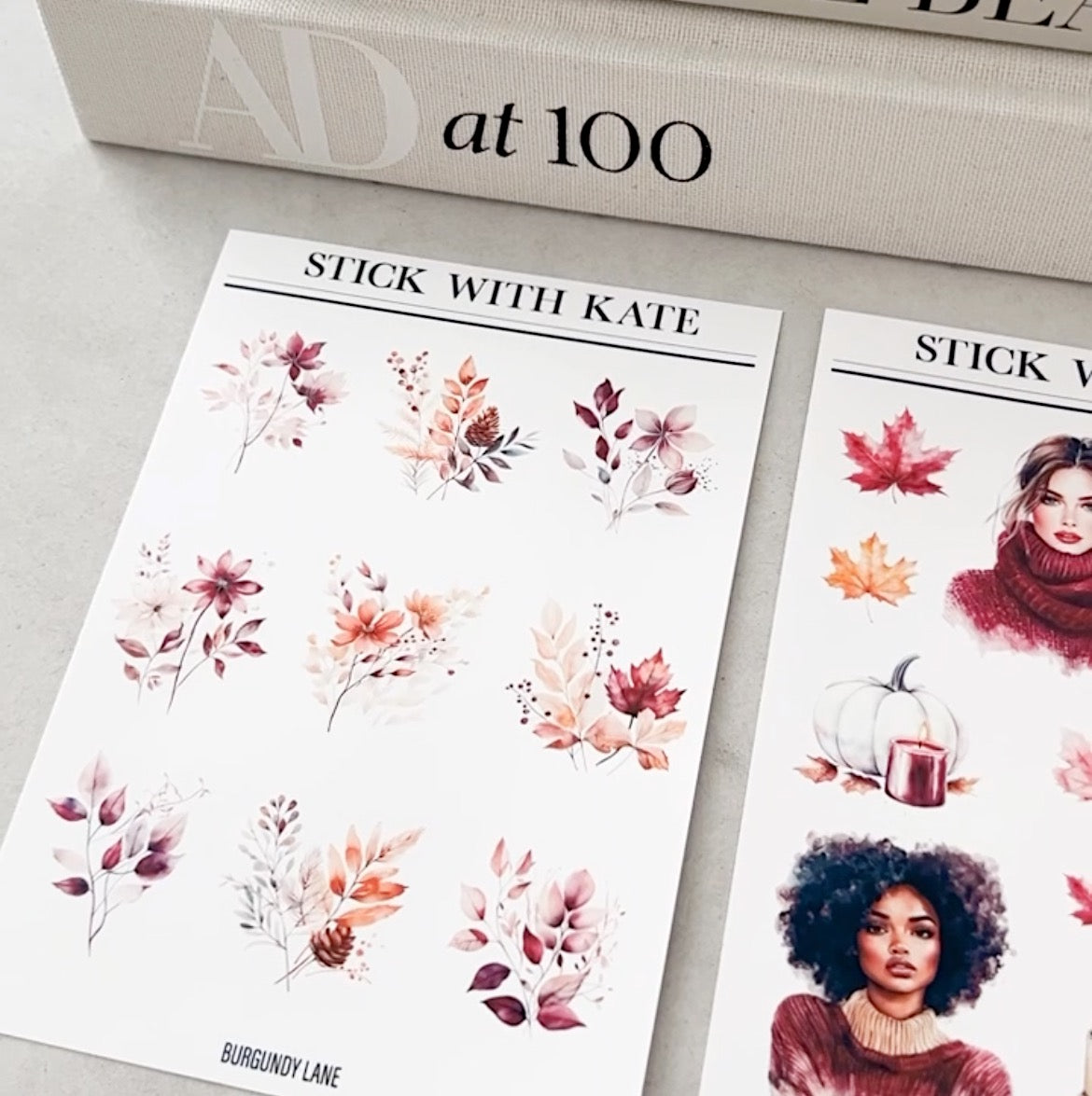 Burgundy Lane Florals Sticker Sheet - Elegant Autumn Botanicals