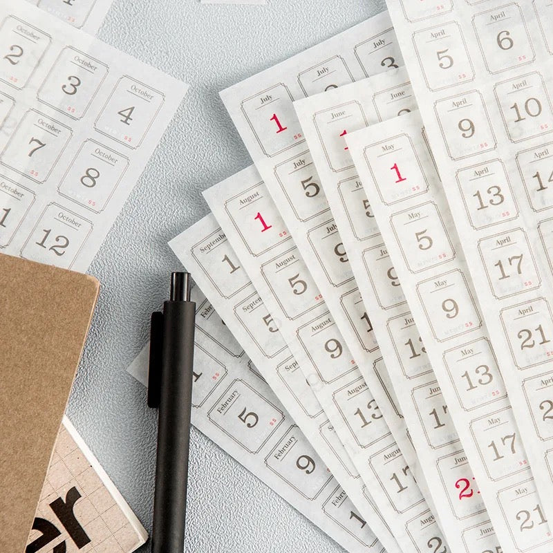 365 Days Date Stickers Set - Semi-Transparent Washi Planner Stickers | 12 Sheets