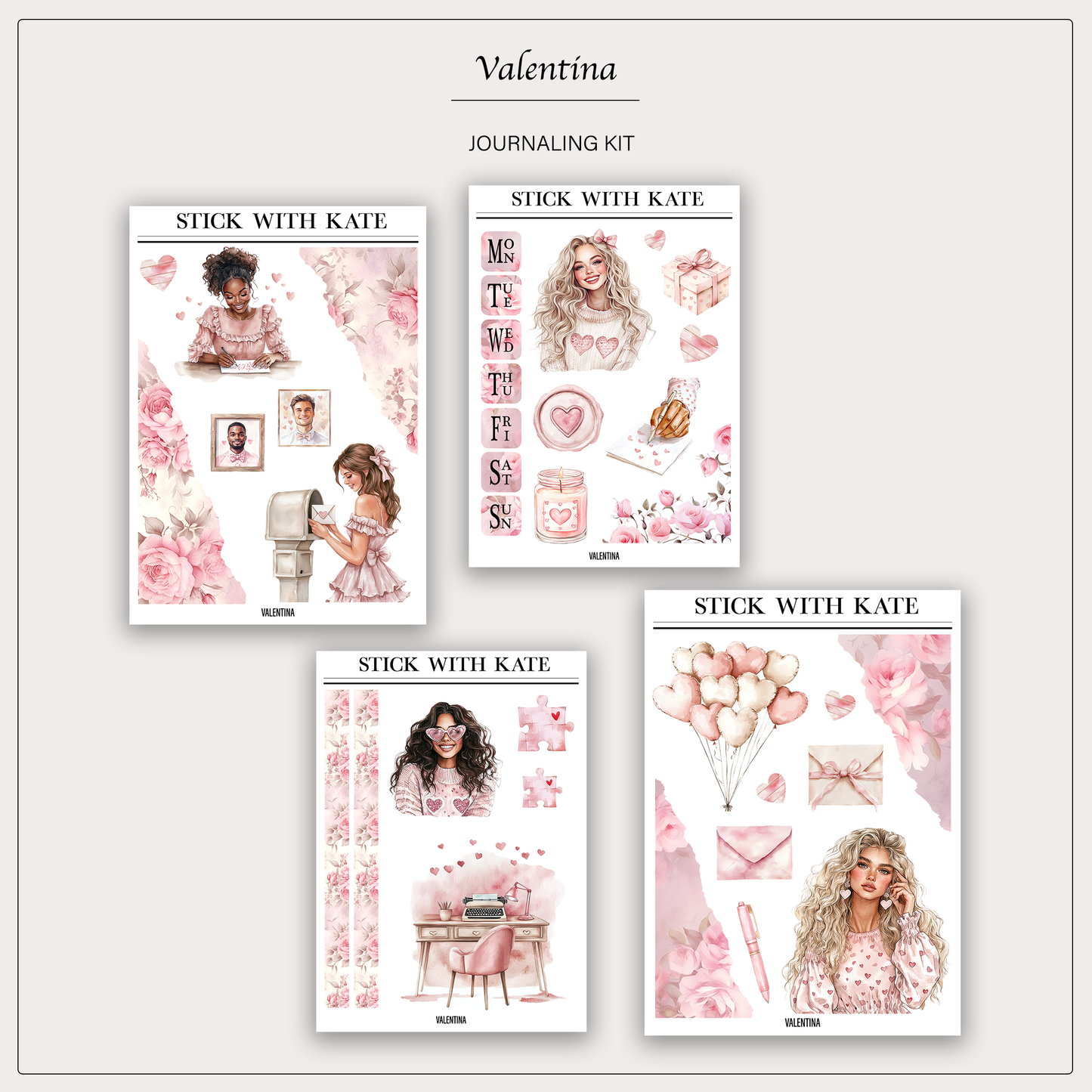 Valentina Journaling Sticker Kit | Set of 4 Sticker Sheets