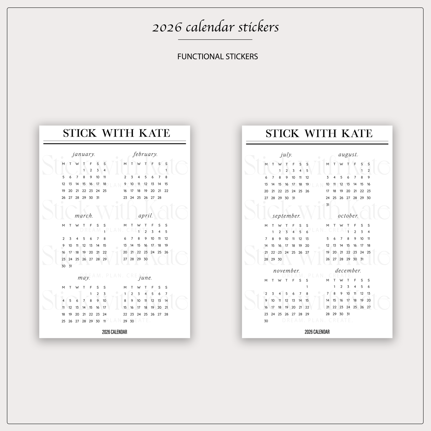 2026 Calendar Sticker Set | 2 Sheets
