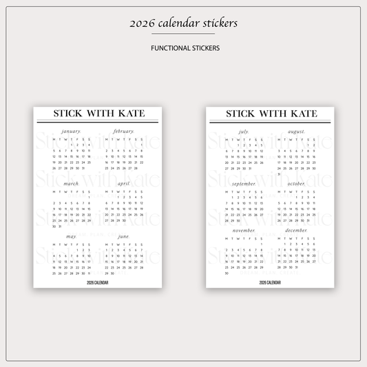 2026 Calendar Sticker Set | 2 Sheets
