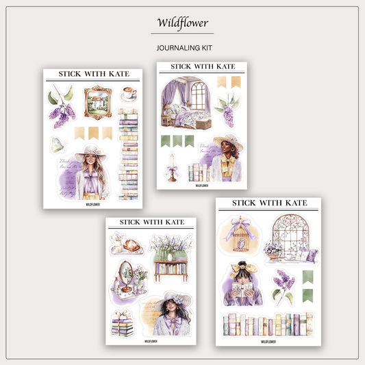 Wildflower journaling kit with four vintage floral sticker sheets in lavender tones for planners and journals