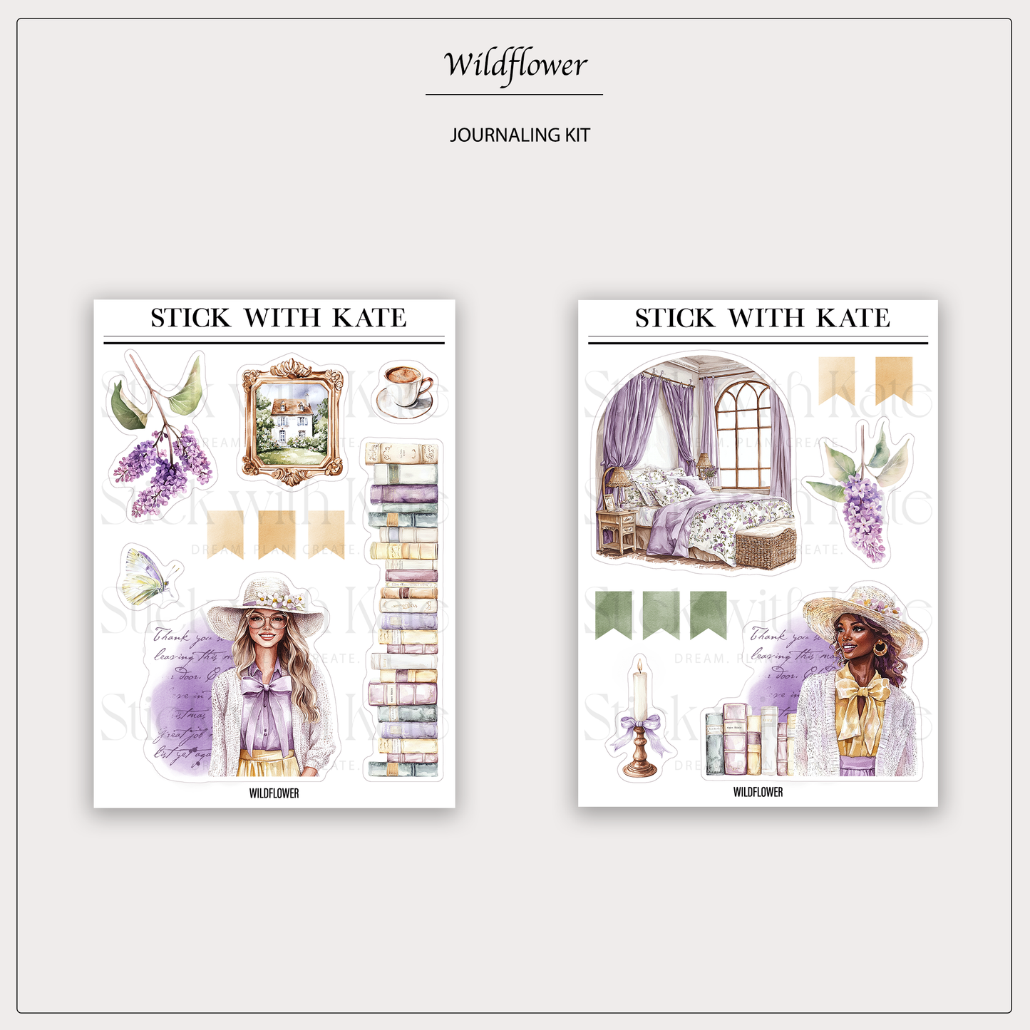 Wildflower journaling kit with four vintage floral sticker sheets in lavender tones for planners and journals