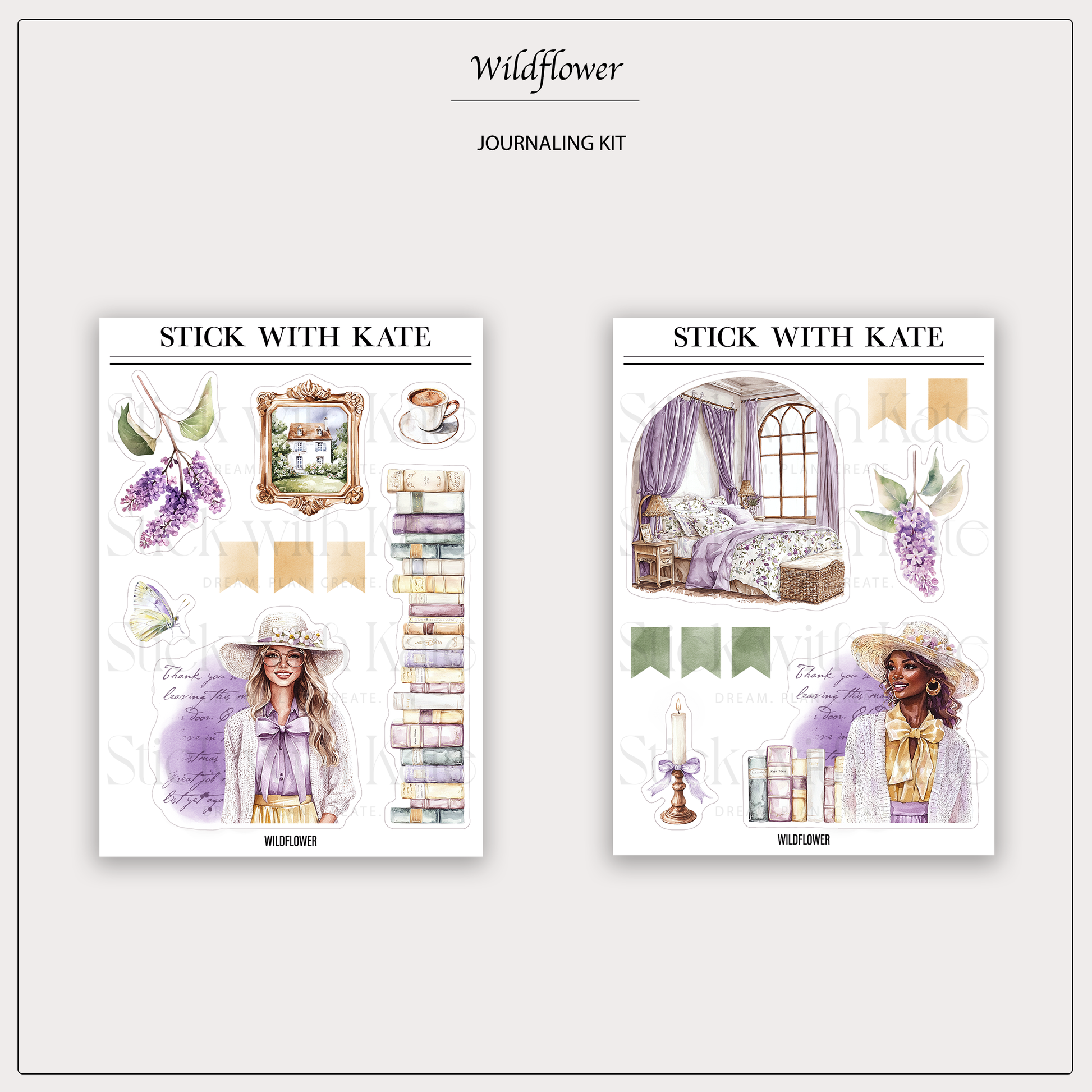 Wildflower journaling kit with four vintage floral sticker sheets in lavender tones for planners and journals