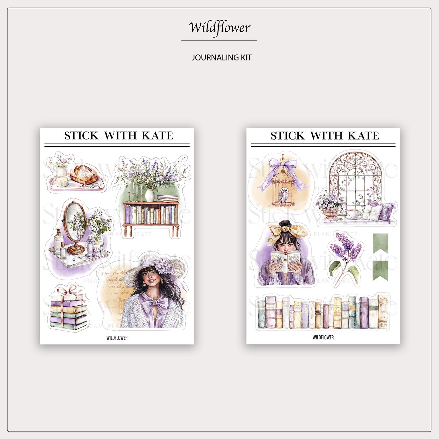 Wildflower journaling kit with four vintage floral sticker sheets in lavender tones for planners and journals