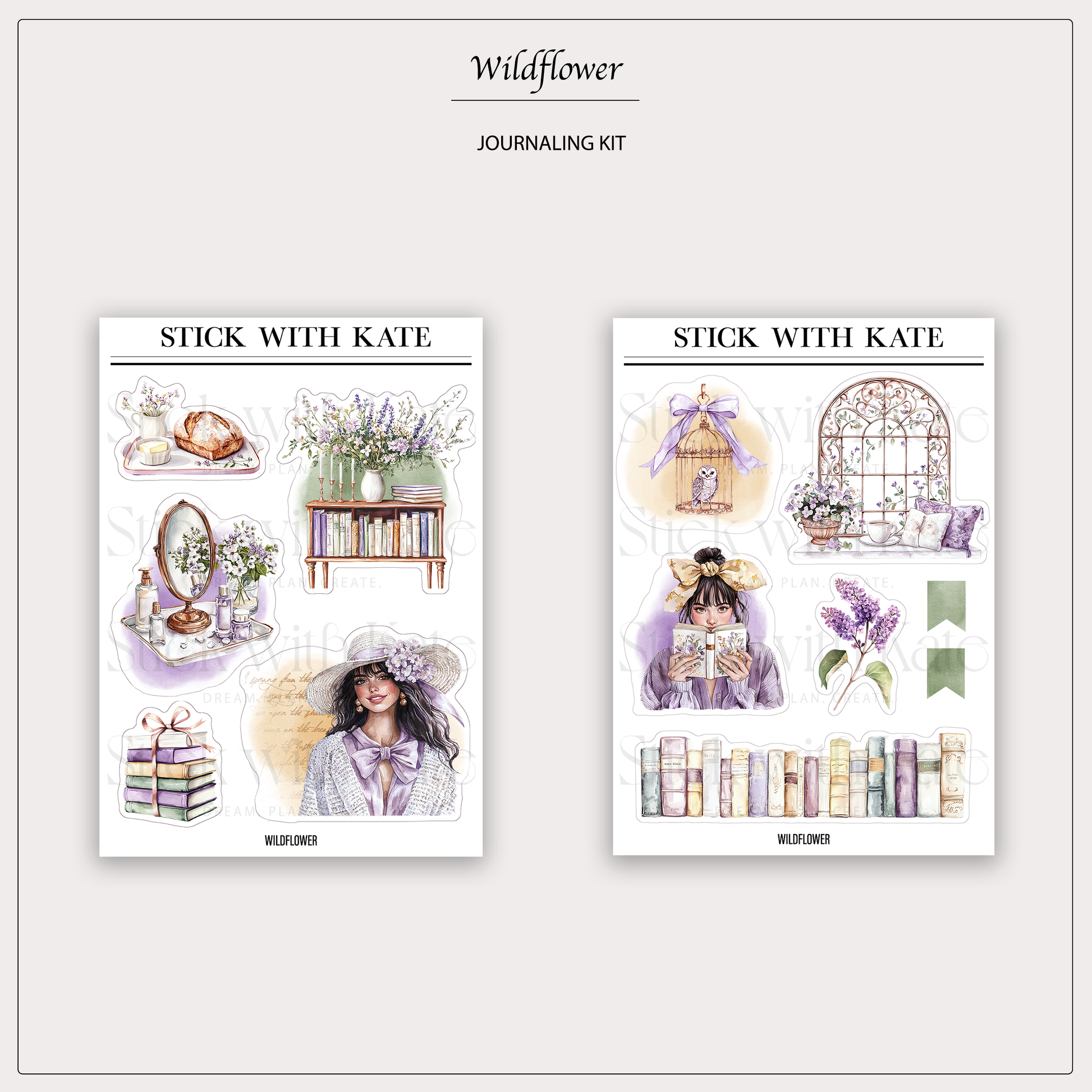 Wildflower journaling kit with four vintage floral sticker sheets in lavender tones for planners and journals